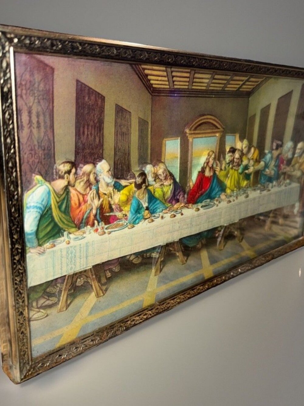 Vintage Last Supper 8 x 15” Metal Framed Molded Plastic 3D Relief Picture